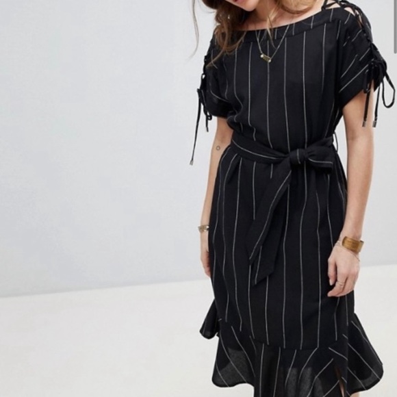 ASOS Dresses & Skirts - ASOS BLACK STRIPE RUFFLE BOTTOM MIDI DRESS